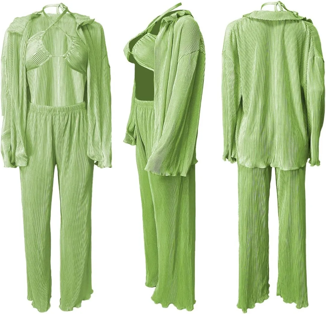 Yeshire Women's Sexy 3 Piece Outfits Long Sleeve Pleated Shirts and Bra   Loose Pants Set Loungewear