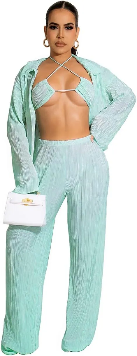 Yeshire Women's Sexy 3 Piece Outfits Long Sleeve Pleated Shirts and Bra   Loose Pants Set Loungewear