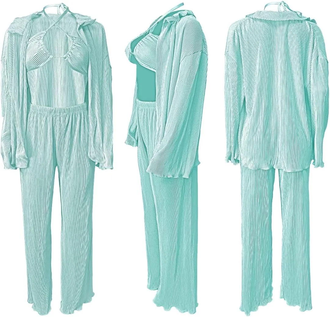 Yeshire Women's Sexy 3 Piece Outfits Long Sleeve Pleated Shirts and Bra   Loose Pants Set Loungewear