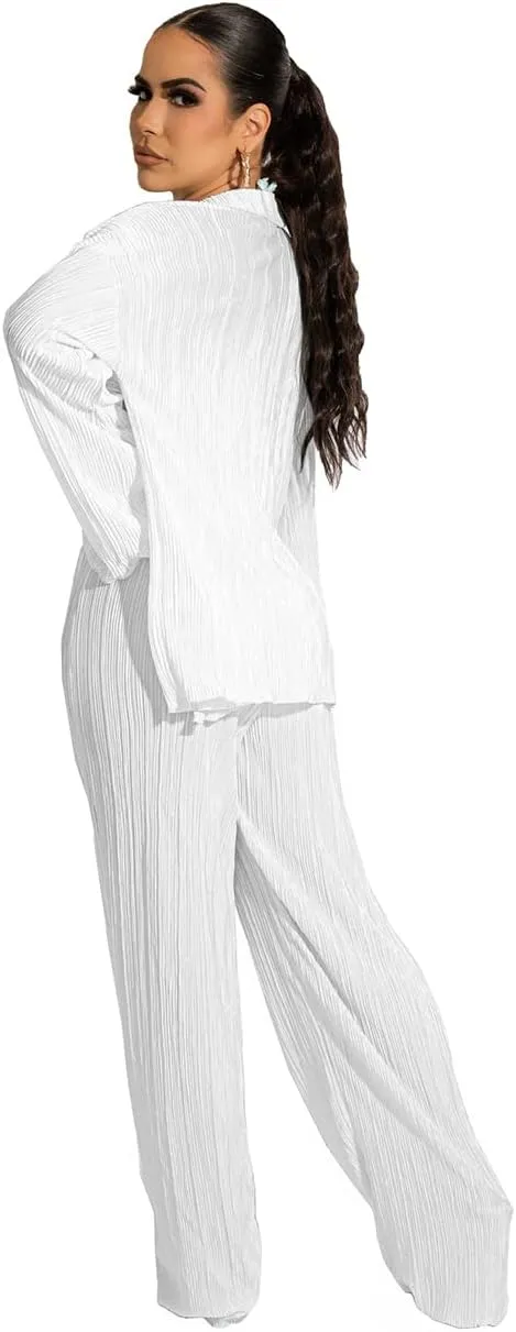 Yeshire Women's Sexy 3 Piece Outfits Long Sleeve Pleated Shirts and Bra   Loose Pants Set Loungewear