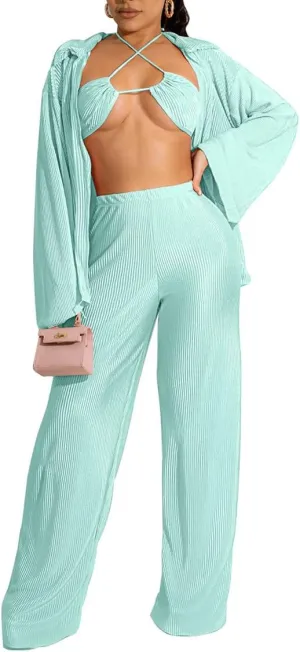 Yeshire Women's Sexy 3 Piece Outfits Long Sleeve Pleated Shirts and Bra   Loose Pants Set Loungewear