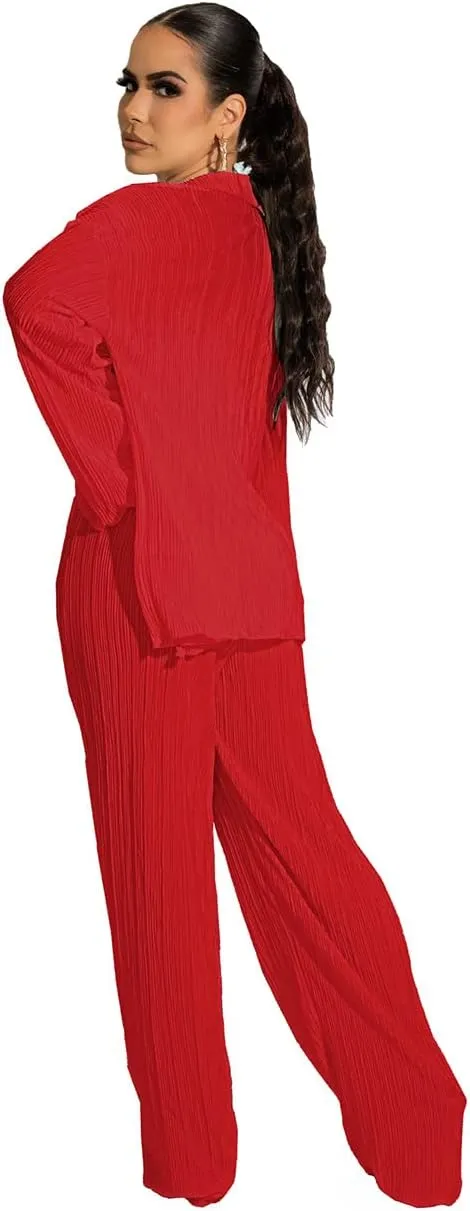 Yeshire Women's Sexy 3 Piece Outfits Long Sleeve Pleated Shirts and Bra   Loose Pants Set Loungewear