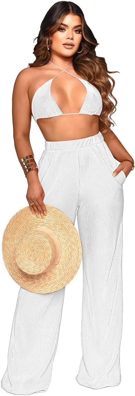Yeshire Women's Sexy 3 Piece Outfits Long Sleeve Pleated Shirts and Bra   Loose Pants Set Loungewear