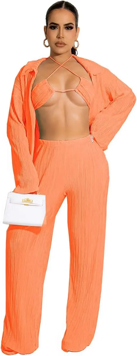 Yeshire Women's Sexy 3 Piece Outfits Long Sleeve Pleated Shirts and Bra   Loose Pants Set Loungewear