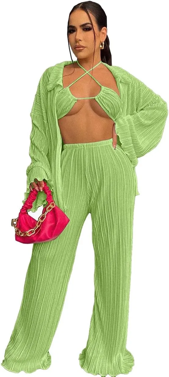 Yeshire Women's Sexy 3 Piece Outfits Long Sleeve Pleated Shirts and Bra   Loose Pants Set Loungewear