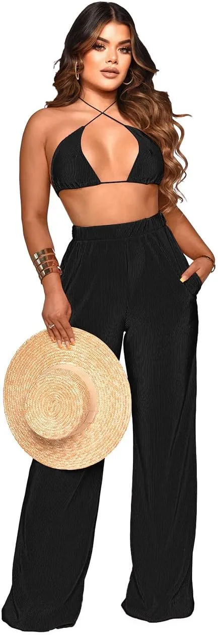Yeshire Women's Sexy 3 Piece Outfits Long Sleeve Pleated Shirts and Bra   Loose Pants Set Loungewear