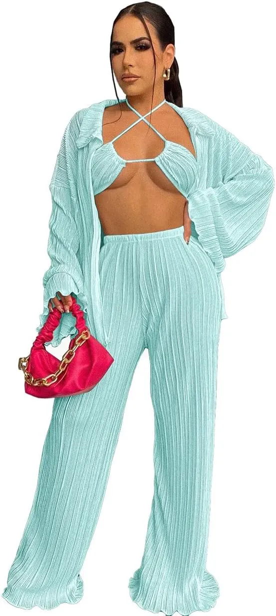 Yeshire Women's Sexy 3 Piece Outfits Long Sleeve Pleated Shirts and Bra   Loose Pants Set Loungewear