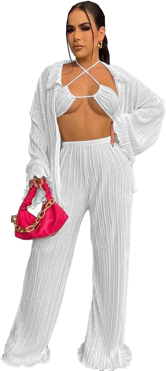 Yeshire Women's Sexy 3 Piece Outfits Long Sleeve Pleated Shirts and Bra   Loose Pants Set Loungewear