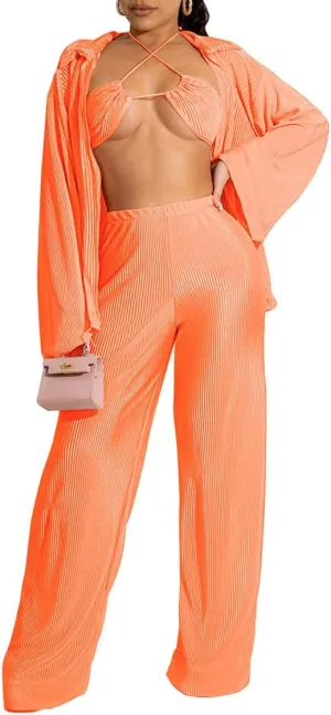 Yeshire Women's Sexy 3 Piece Outfits Long Sleeve Pleated Shirts and Bra   Loose Pants Set Loungewear