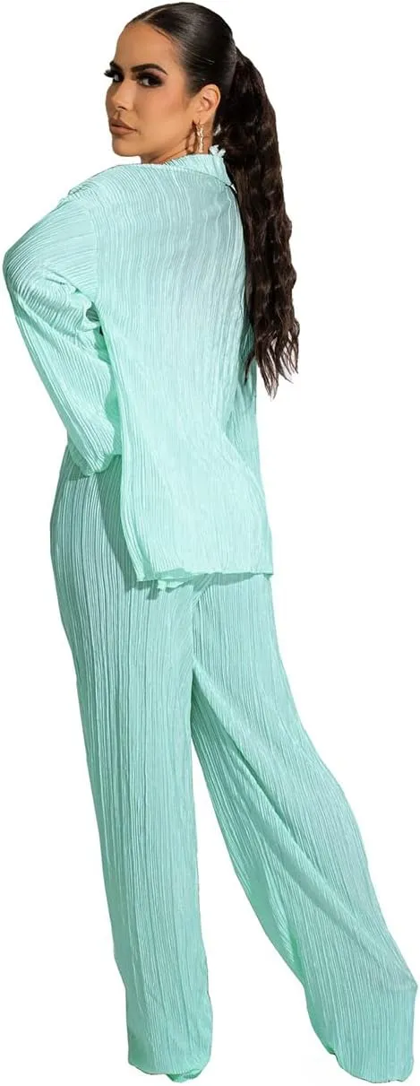 Yeshire Women's Sexy 3 Piece Outfits Long Sleeve Pleated Shirts and Bra   Loose Pants Set Loungewear