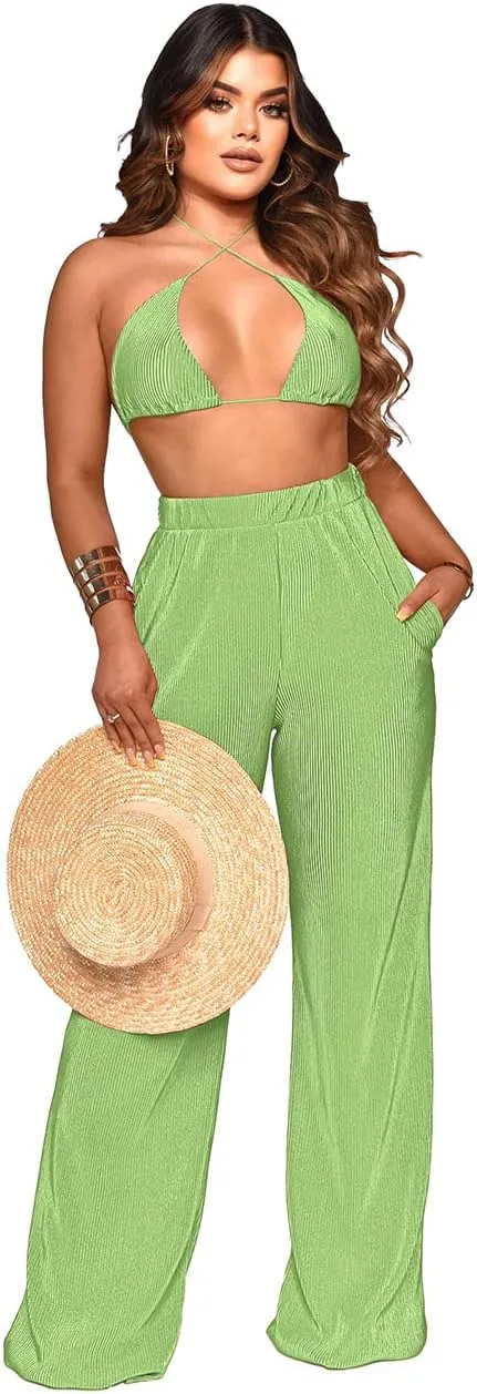 Yeshire Women's Sexy 3 Piece Outfits Long Sleeve Pleated Shirts and Bra   Loose Pants Set Loungewear