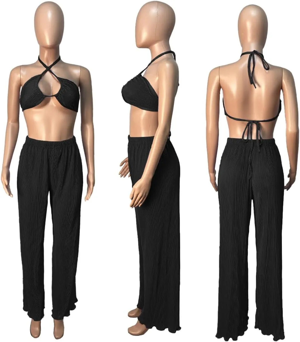 Yeshire Women's Sexy 3 Piece Outfits Long Sleeve Pleated Shirts and Bra   Loose Pants Set Loungewear