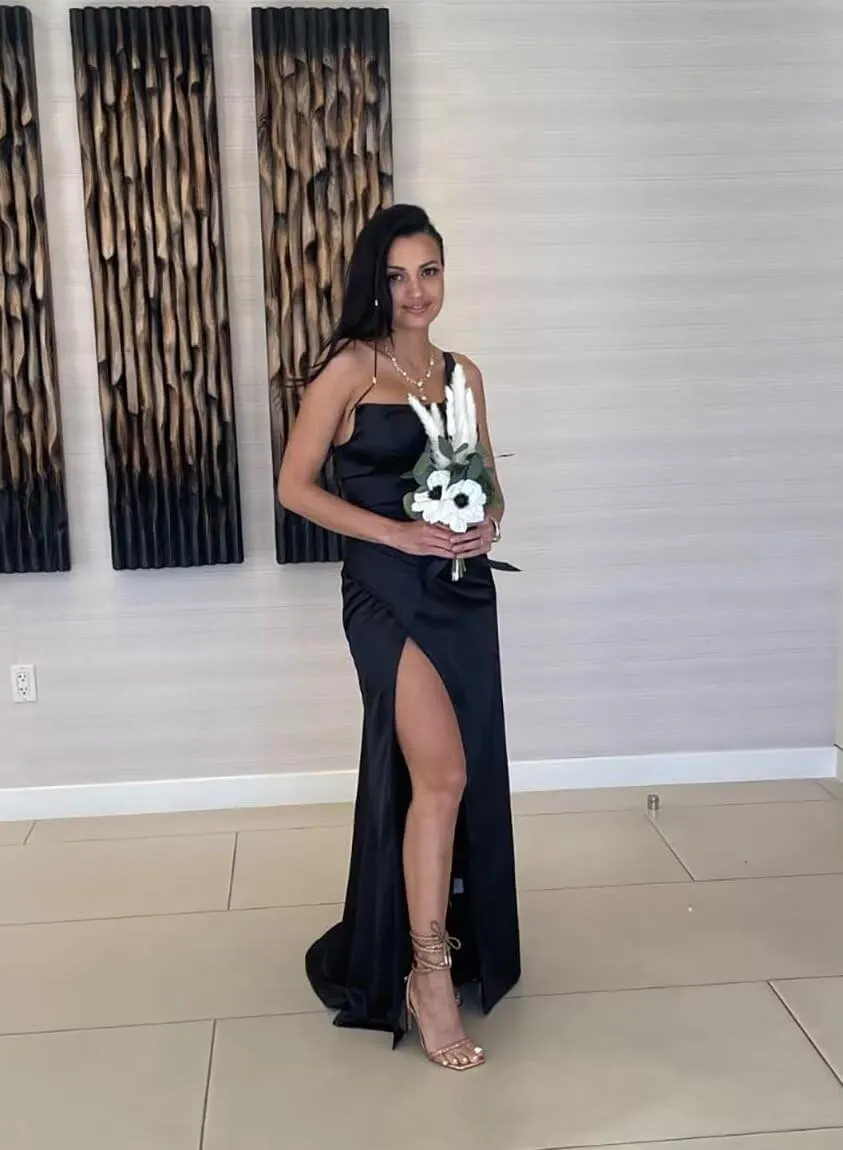 YMSHA One Shoulder Prom Dresses with Slit Pleated Satin Mermaid Formal Evening Dress YMS248