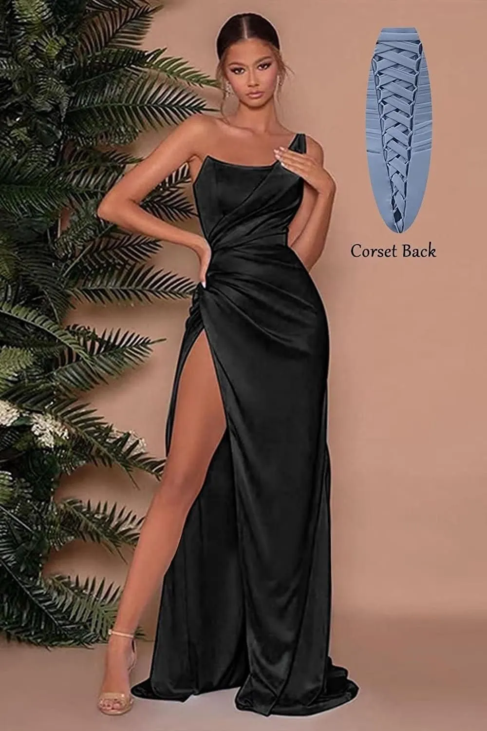 YMSHA One Shoulder Prom Dresses with Slit Pleated Satin Mermaid Formal Evening Dress YMS248