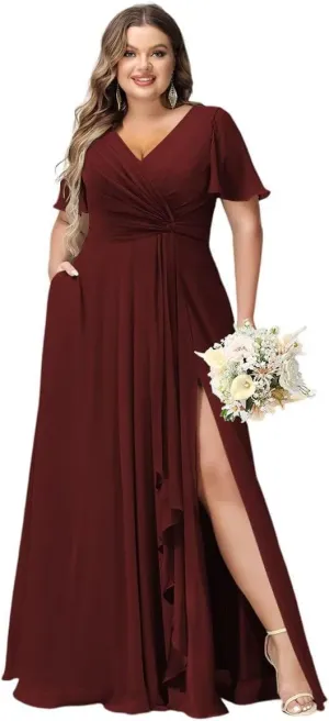 YOFF Flutter Sleeves Long Bridesmaid Dress with Pockets Ruched Chiffon Long A-Line Formal Party Dresses with Slit YO063