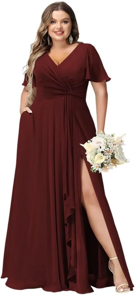 YOFF Flutter Sleeves Long Bridesmaid Dress with Pockets Ruched Chiffon Long A-Line Formal Party Dresses with Slit YO063