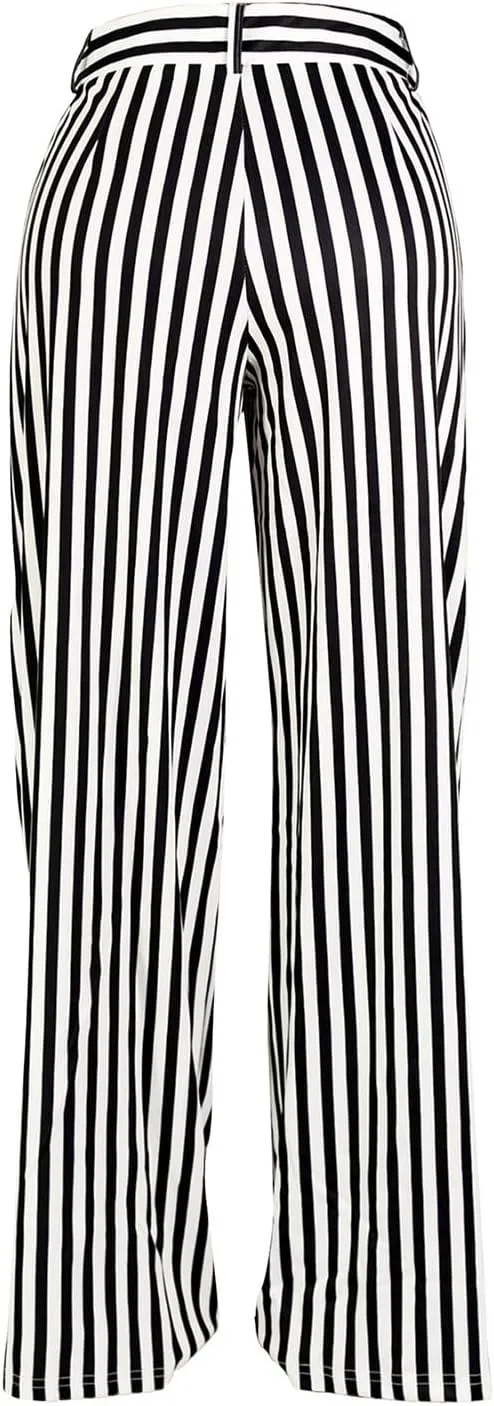 Yuopeid Women's High Waist Zip Up Long Pants with Pockets Fashion Striped Printed Wide Leg Pants Casual Trousers