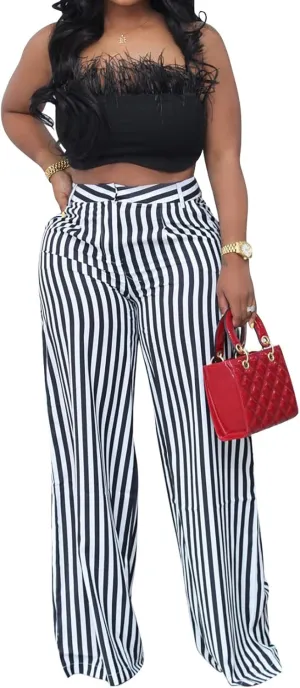 Yuopeid Women's High Waist Zip Up Long Pants with Pockets Fashion Striped Printed Wide Leg Pants Casual Trousers