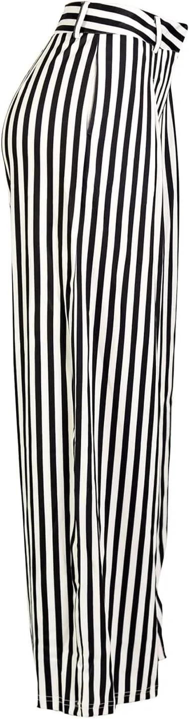 Yuopeid Women's High Waist Zip Up Long Pants with Pockets Fashion Striped Printed Wide Leg Pants Casual Trousers