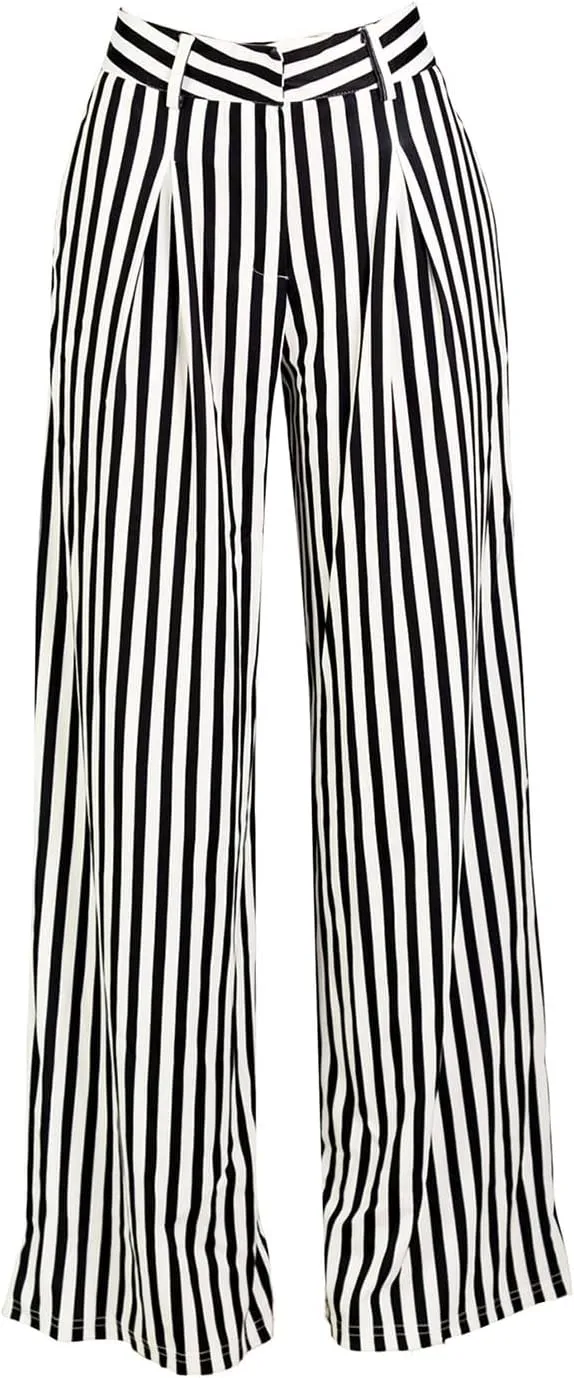 Yuopeid Women's High Waist Zip Up Long Pants with Pockets Fashion Striped Printed Wide Leg Pants Casual Trousers