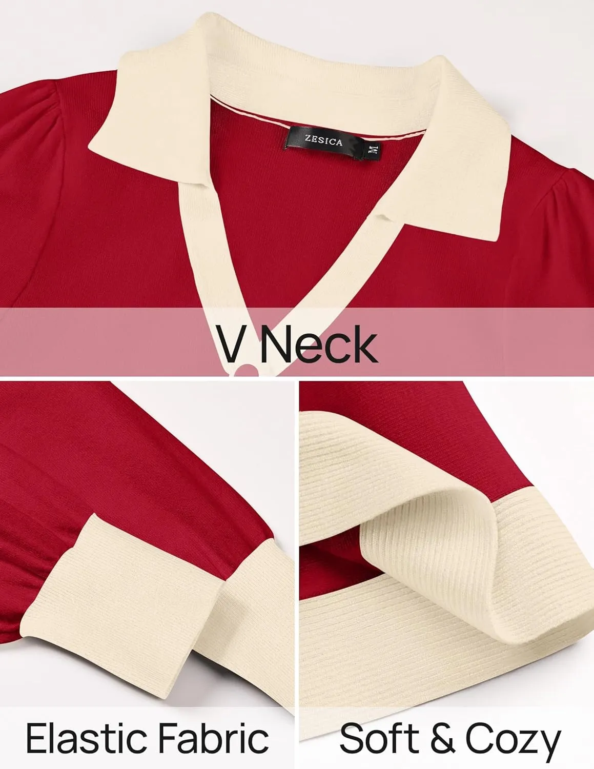 ZESICA Women's Spring Long Sleeve V Neck Sweater Dress Collar Ribbed Knit Mini Dresses