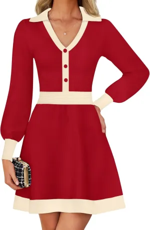 ZESICA Women's Spring Long Sleeve V Neck Sweater Dress Collar Ribbed Knit Mini Dresses