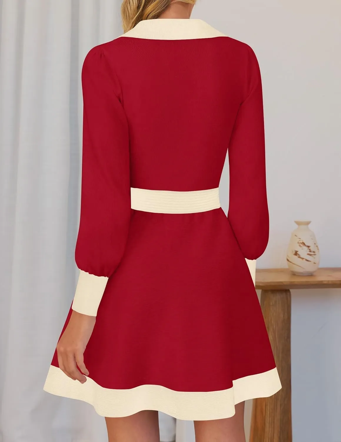ZESICA Women's Spring Long Sleeve V Neck Sweater Dress Collar Ribbed Knit Mini Dresses