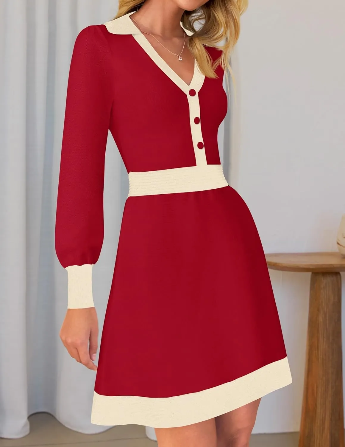ZESICA Women's Spring Long Sleeve V Neck Sweater Dress Collar Ribbed Knit Mini Dresses